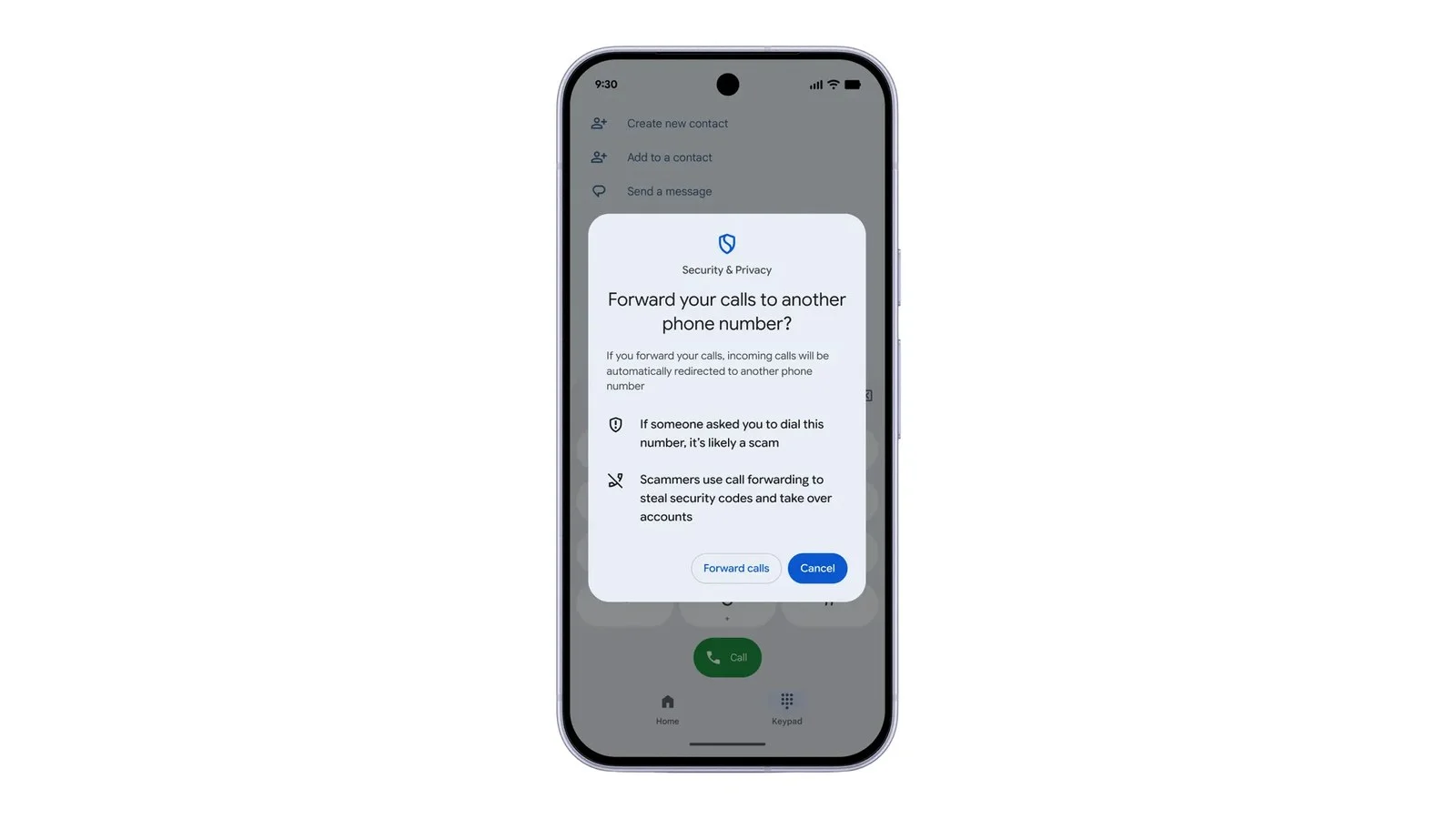 Dialog konfirmasi pengalihan panggilan di Android