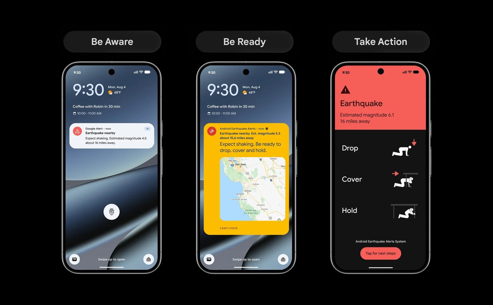 Tiga level Android Earthquake Alerts: Be Aware, Be Ready, Take Action