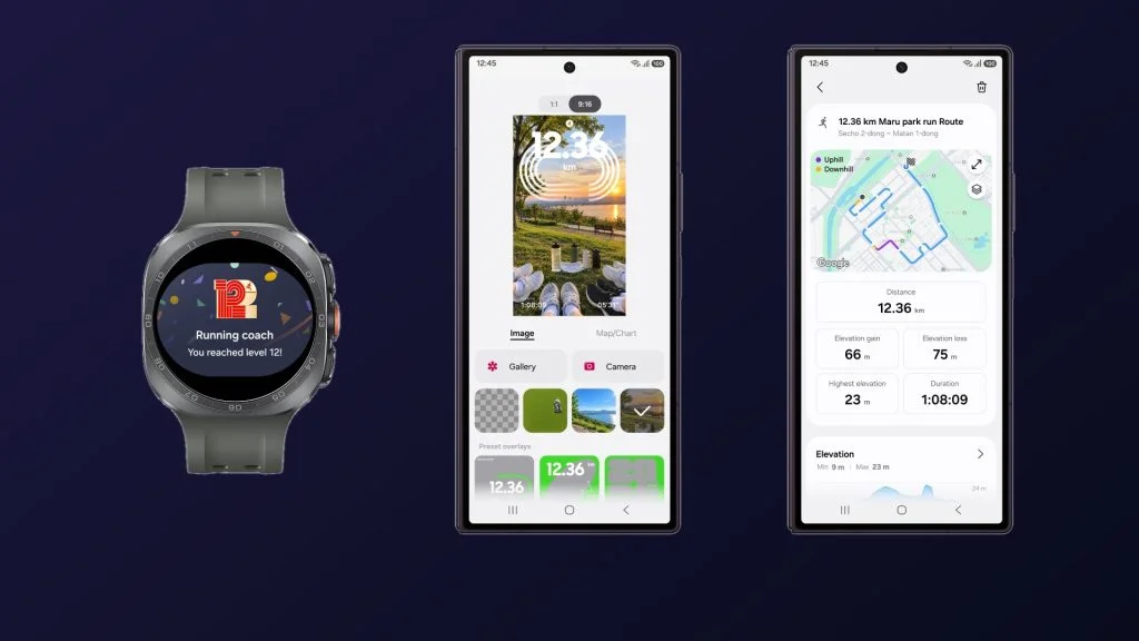 Galaxy Watch dan smartphone Galaxy menampilkan Running Coach di Samsung Health