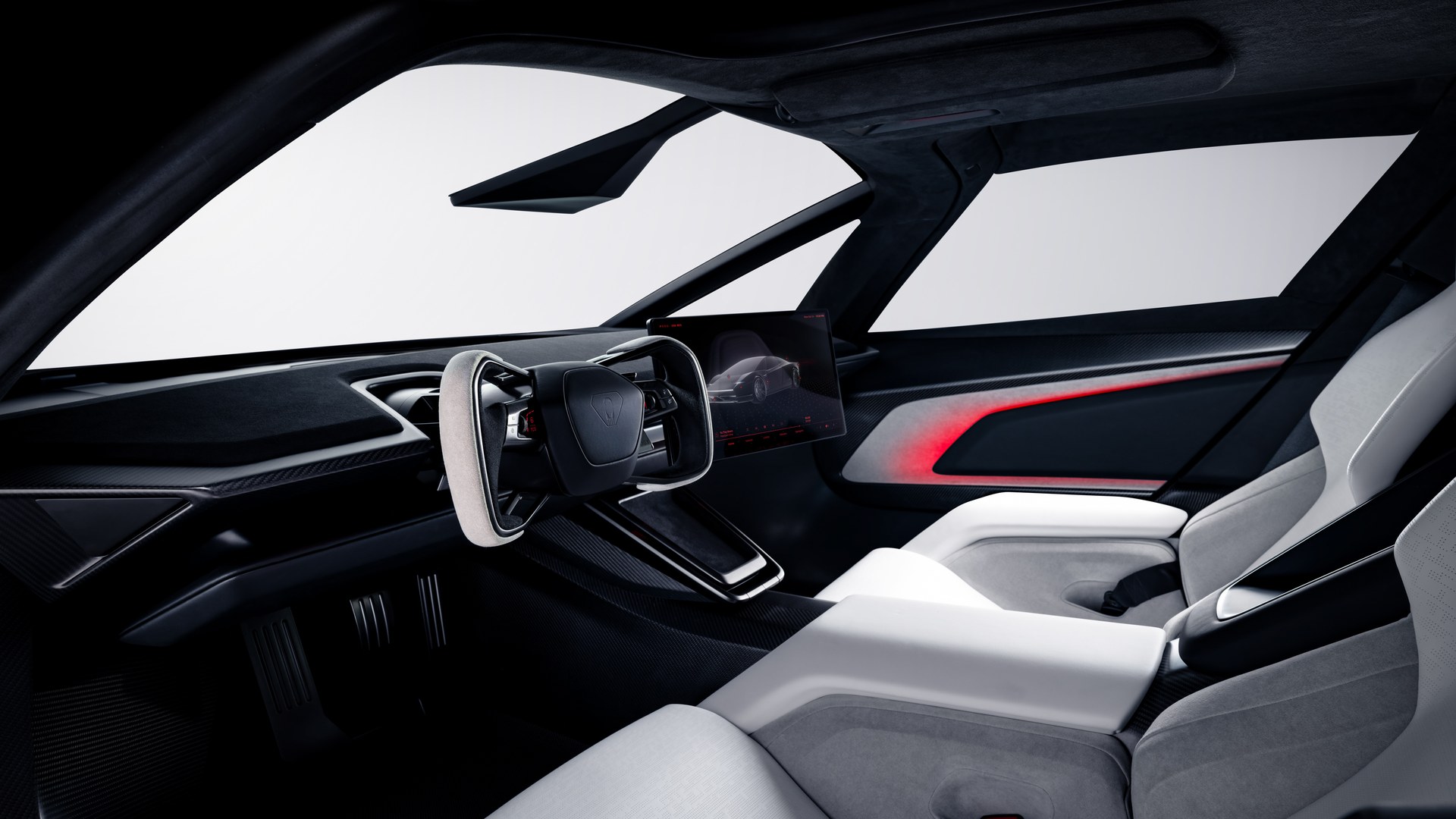 Kabin Tesla Roadster dengan setir yoke dan jok putih